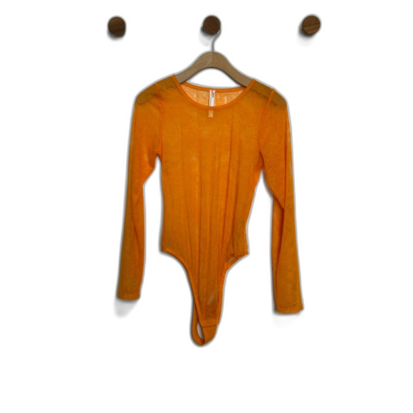 BY ANTHROPOLOGIE Sheer Lace Long-sleeve Bodysuit In Orange One-piece Medium - Picture 2 of 14